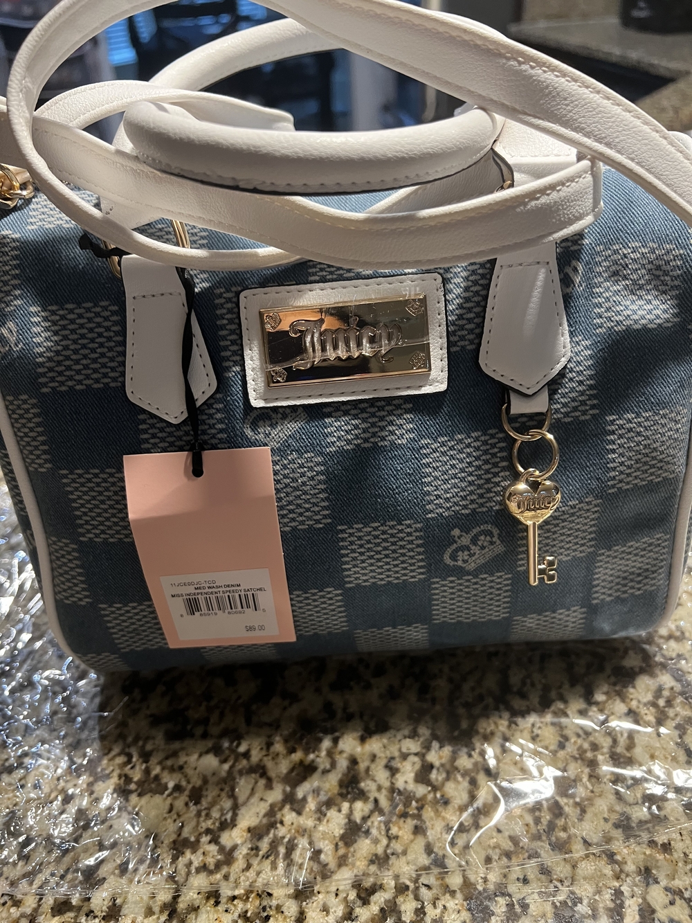 Juicy Couture Blue Check Satchel with White Trim and Gold Hardware